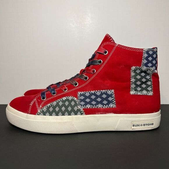 Mens SUN + STONE Mesa Red Patchwork High Top Sneakers / Size 10 Medium - Picture 3 of 9